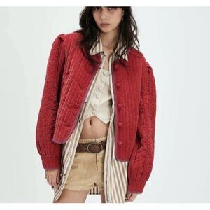 Free People Natalia Quilted Jacket Womens M Red Velvet Cottagecore Country Chic
